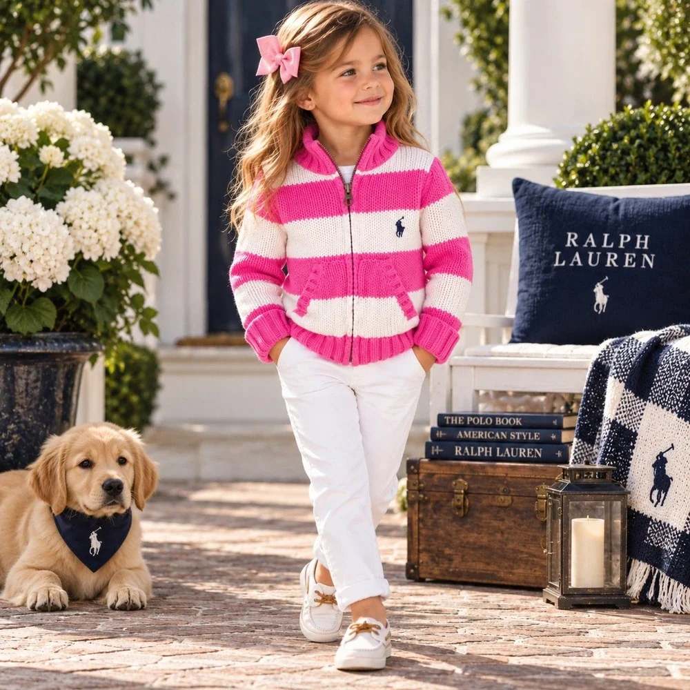 RALPH LAUREN Kids Girls Sweater Full Zip 3T Pink White Striped 100% Cotton Knit